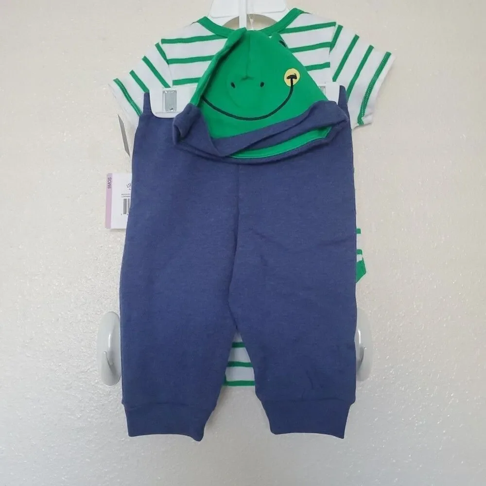 Little Me Frog Stripes Bodysuit Blue Pants + Hat 3PC Outfit Set Baby Boy 9Months